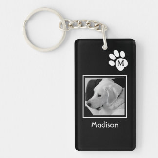 Black and White Photo of Cute Dog and Paw Initial Key Ring