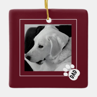 Black and White Photo of Cute Dog Dad Paw Maroon  Ceramic Ornament
