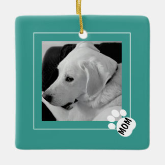 Black and White Photo of Cute Dog Mum Paw Teal   Ceramic Ornament