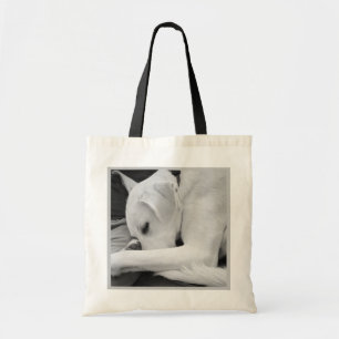 Black and White Photo of Cute Dog Resting with Dad Tote Bag