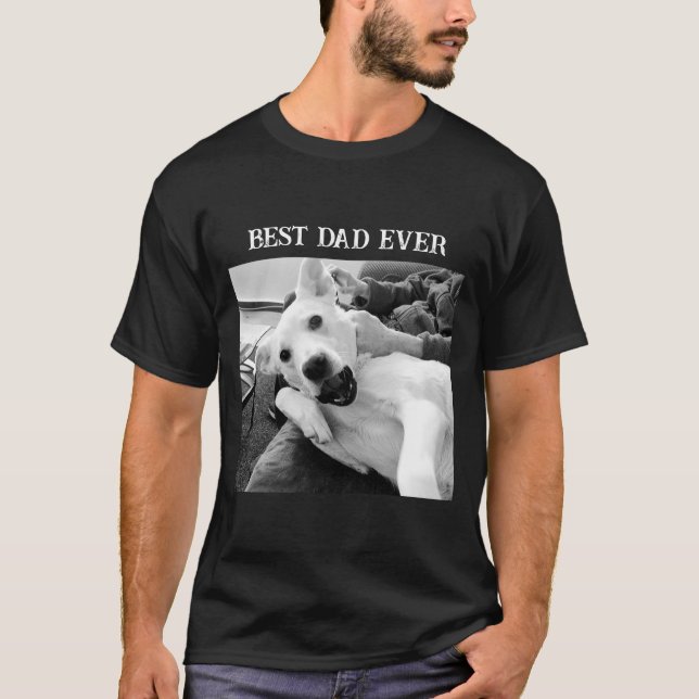 Black and White Photo of Dog Playing with Dad Love T-Shirt (Front)