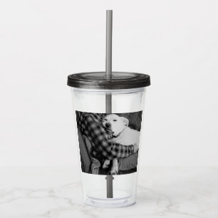 Black and White Photo of Dog Snuggling with Dad Acrylic Tumbler