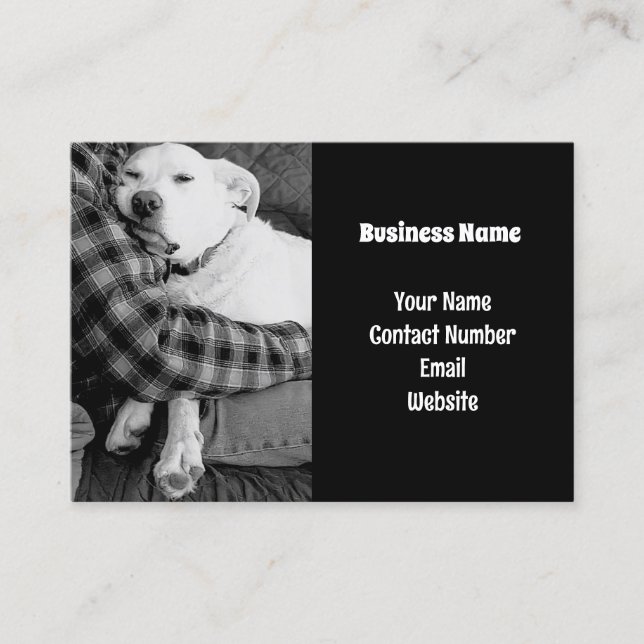 Black and White Photo of Dog Snuggling with Dad Business Card (Front)