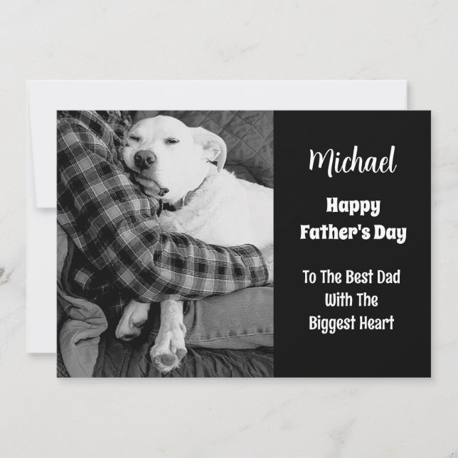 Black and White Photo of Dog Snuggling with Dad Holiday Card (Front)
