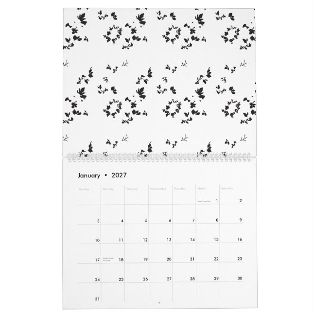 black and white photo of leaves on a white backgro calendar (Jan 2027)