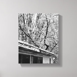 Black and White Photo of Rustic Snowy Winter Scene Canvas Print