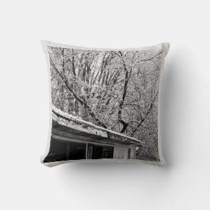 Black and White Photo of Rustic Snowy Winter Scene Cushion