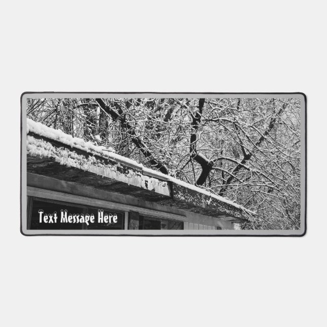 Black and White Photo of Rustic Snowy Winter Scene Desk Mat (Front)