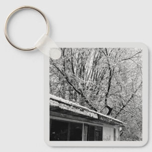 Black and White Photo of Rustic Snowy Winter Scene Key Ring