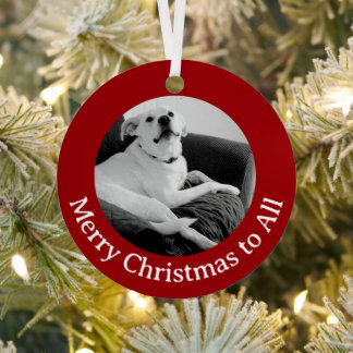 Black and White Photo of Talking Dog Christmas Red Metal Tree Decoration