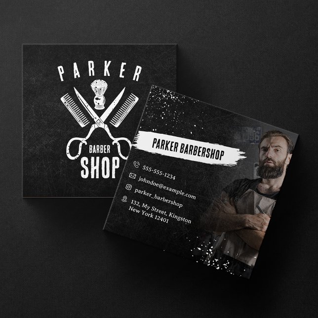 Black and White Photo Rusty Barbershop Men Shave Square Business Card (Creator Uploaded)