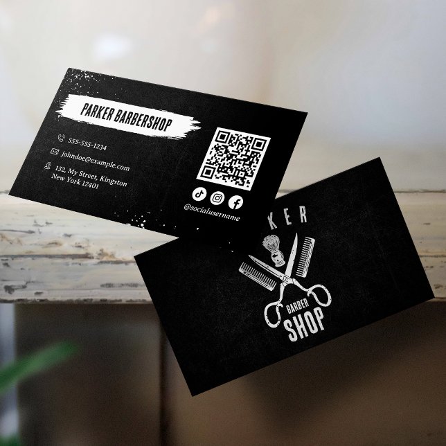 Black and White Photo Rusty Barbershop QR Code Business Card (Creator Uploaded)
