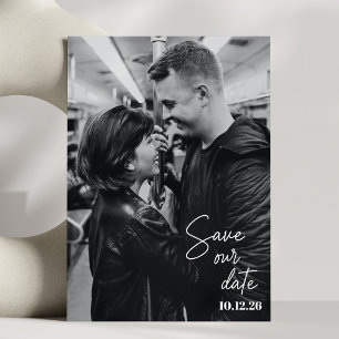 Black and White Photo Trendy Script Modern Wedding Save The Date