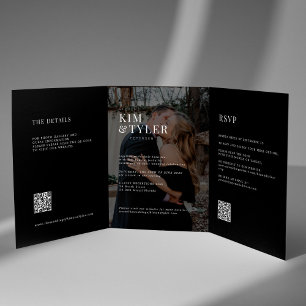 Black and white photo wedding RSVP details QR code Tri-Fold Invitation