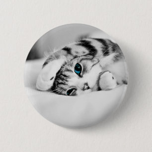 Black and white photograph of a cat 6 cm round badge