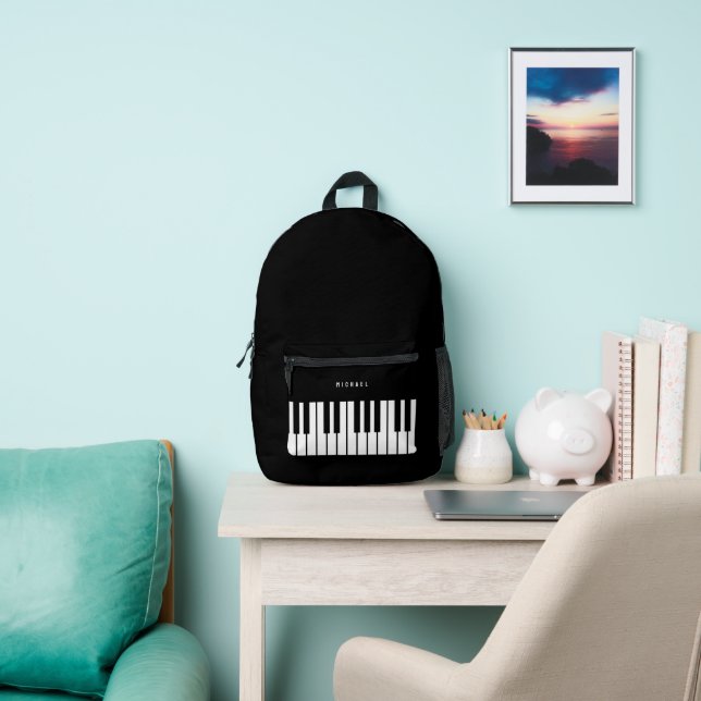 Black and White Piano Keyboard Custom Name Printed Backpack (Insitu)