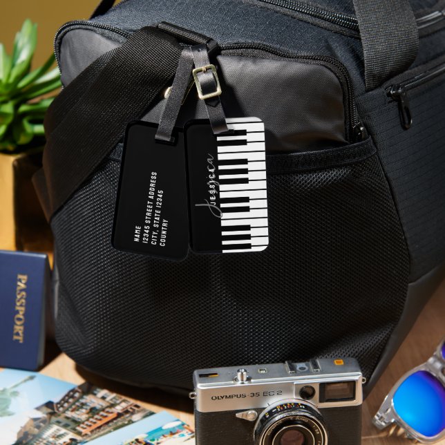 Black and White Piano Keyboard Monogram Luggage Tag (Front & Back)