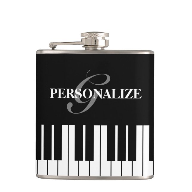 Black and white piano keys custom monogram drink hip flask (Front)