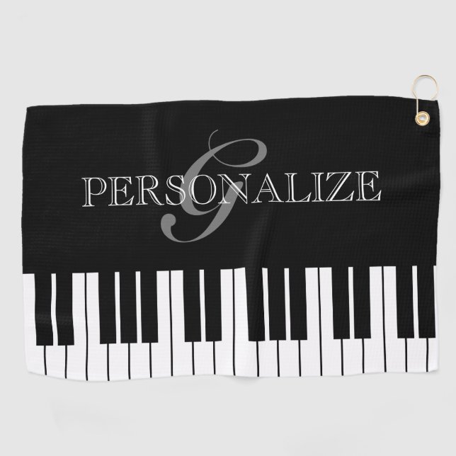 Black and white piano keys custom name monogram golf towel (Horizontal)
