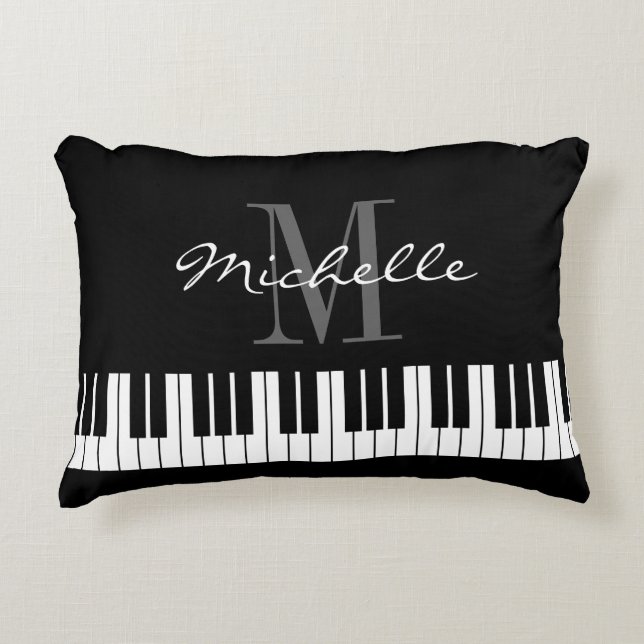 Black and white piano keys monogram accent pillow (Front)