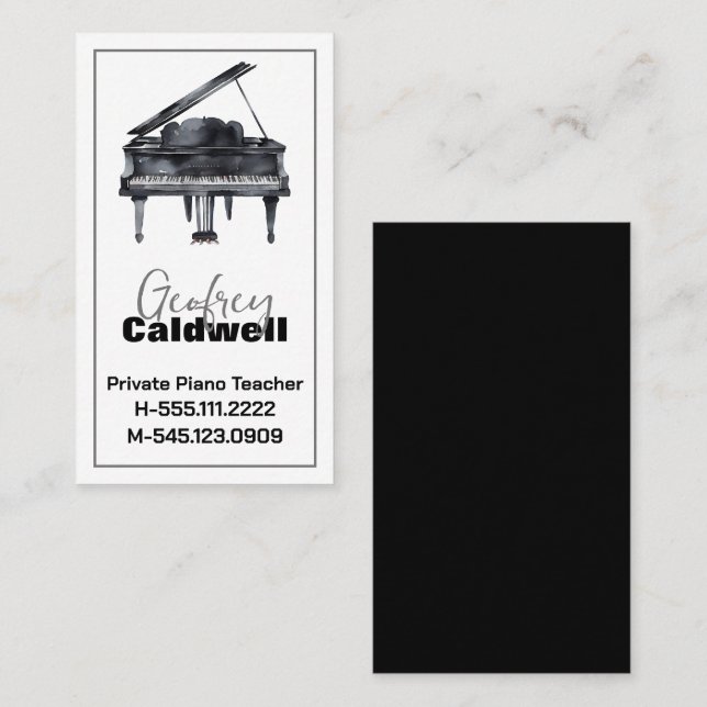 Black and White Piano Teacher Watercolor Art Business Card (Front/Back)
