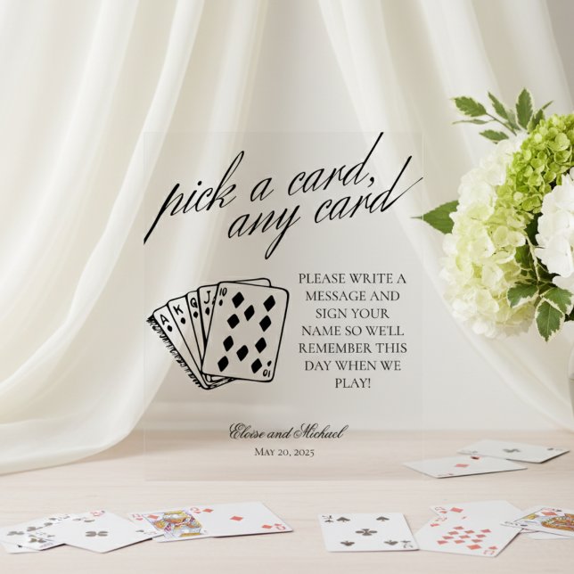 Black and White Pick A Card Any Card Guestbook Acrylic Sign (Add a fun and interactive touch to your wedding or event with this modern serif playing cards sign!)