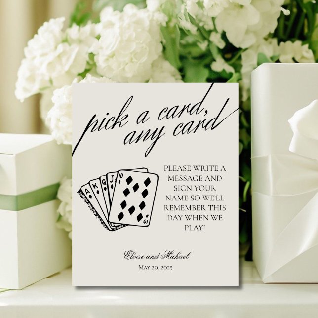 Black and White Pick A Card Any Card Guestbook Pedestal Sign (Add a fun touch to your wedding or event with this modern serif playing cards guest book sign!)