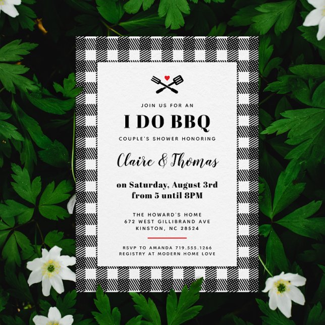 Black and White Picnic Plaid Cloth I Do BBQ Invitation (black and white gingham plaid country I Do BBQ wedding party invitation )
