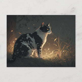 Black and White Piebald Cat in the Forest Postcard