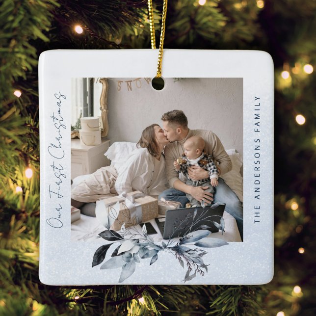 Black And White Pine Couple Family First Christmas Ceramic Ornament (Creator Uploaded)