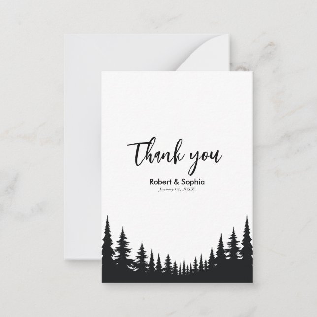 Black and White Pine tree Winter Wedding Thank you Card (Front)
