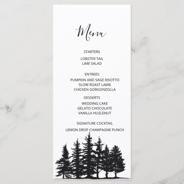 Black and White Pine trees Winter Wedding Menu (Front)