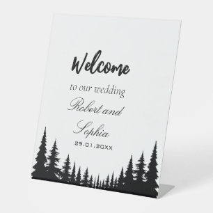 Black and White Pine trees Winter Wedding Pedestal Sign