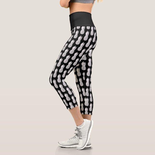 Black and white pineapple fruit print high waist capri leggings (Left)