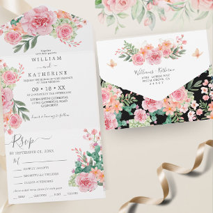 Black and white pink floral Budget Wedding All In One Invitation