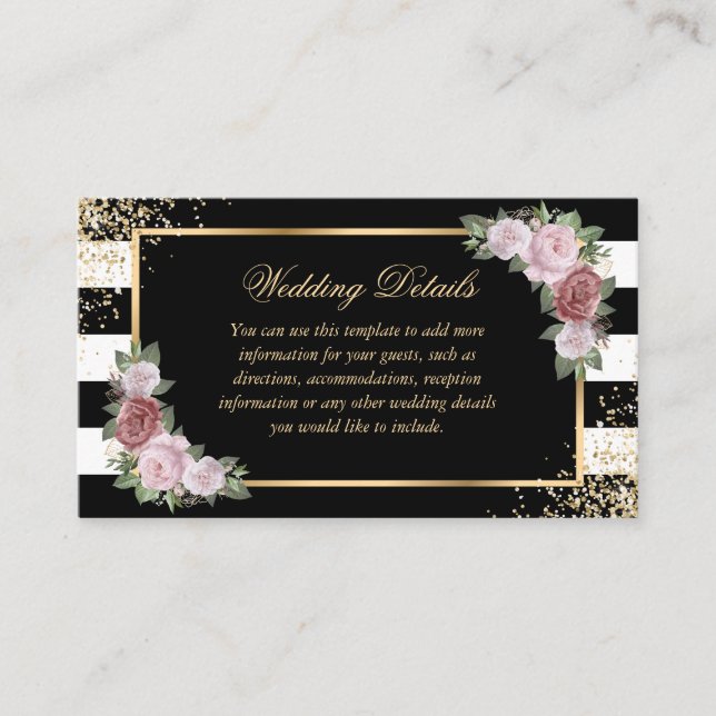 Black and White Pink Floral Wedding Details Card (Front)