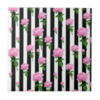 Black And White Pink Rose Flower Stripes