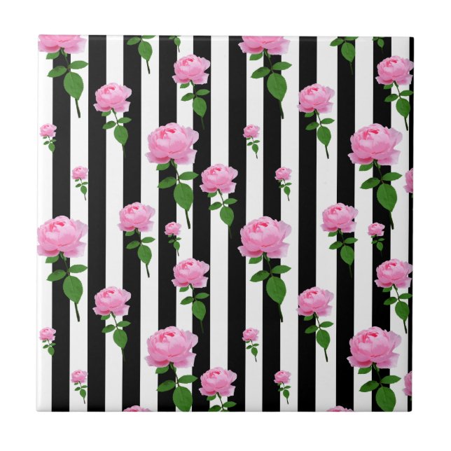 Black And White Pink Rose Flower Stripes Tile (Front)