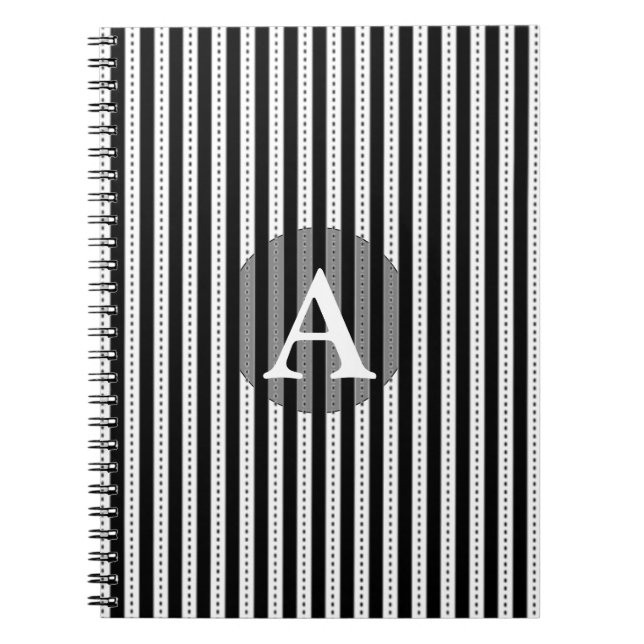 Black and White Pinstripes Personalised Monogram Spiral Notebook (Front)
