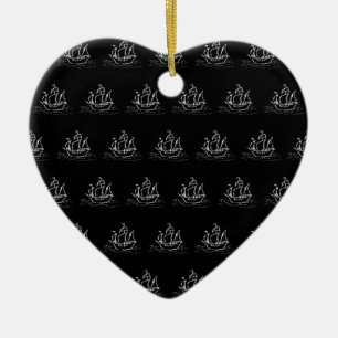 Black and White Pirate Ship Pattern. Ceramic Tree Decoration