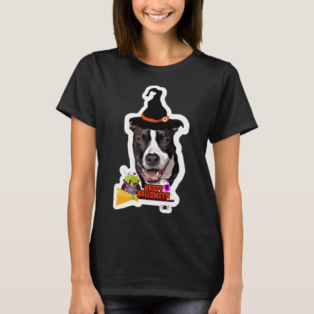 Black And White Pitbull Dog Witch T-Shirt (Front)