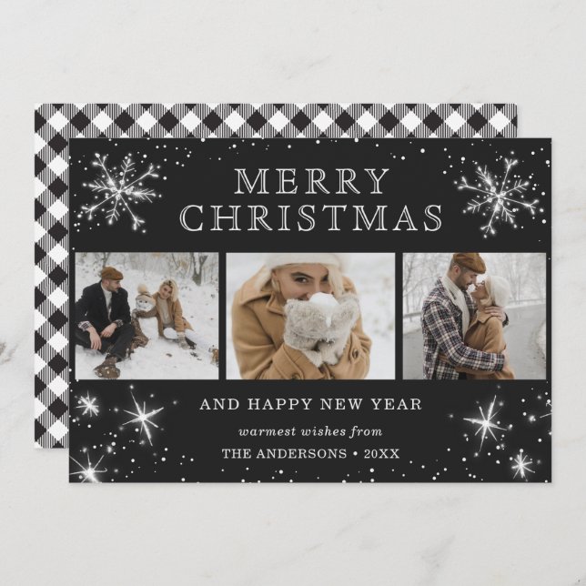 Black and White Plaid 3 Photo Holiday Cards (Front/Back)