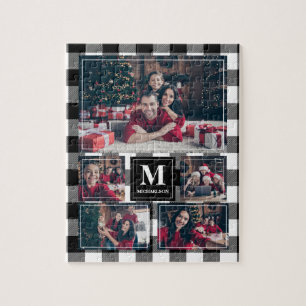 Black and White Plaid 5 Photo with Monogram Jigsaw Puzzle
