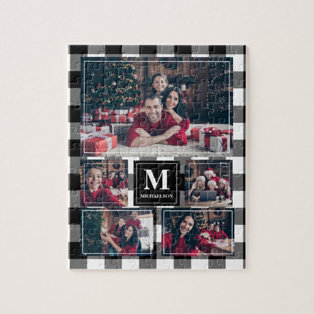 Black and White Plaid 5 Photo with Monogram Jigsaw Puzzle (Vertical)