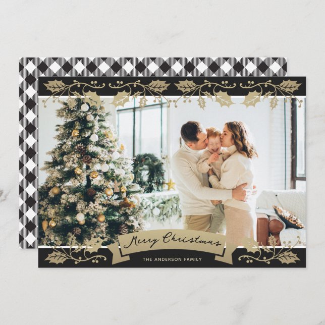 Black and White Plaid Botanical Photo Christmas Holiday Card (Front/Back)