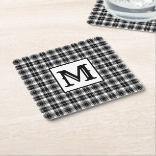 Black and white Plaid Monogram Square Paper Coaster