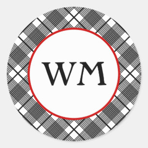 Black and White Plaid Pattern Editable Monogram Classic Round Sticker