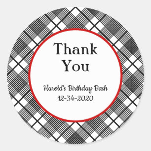 Black and White Plaid Pattern Editable Thank You Classic Round Sticker