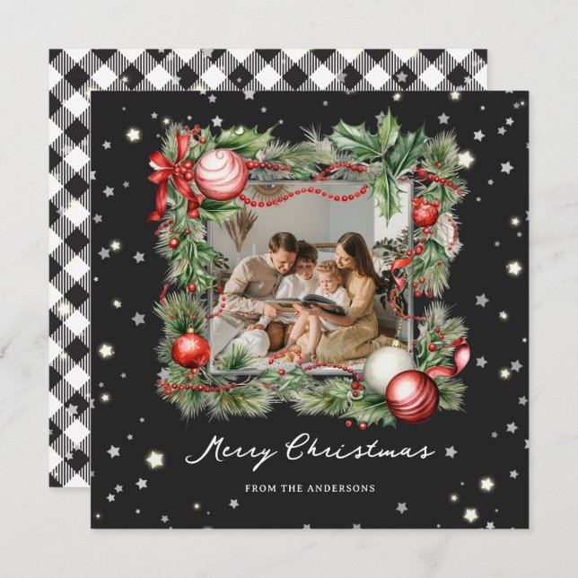Black and White Plaid Photo Merry Christmas Card (Front/Back)