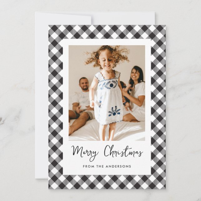 Black and White Plaid Photo Merry Christmas Holiday Card (Front)